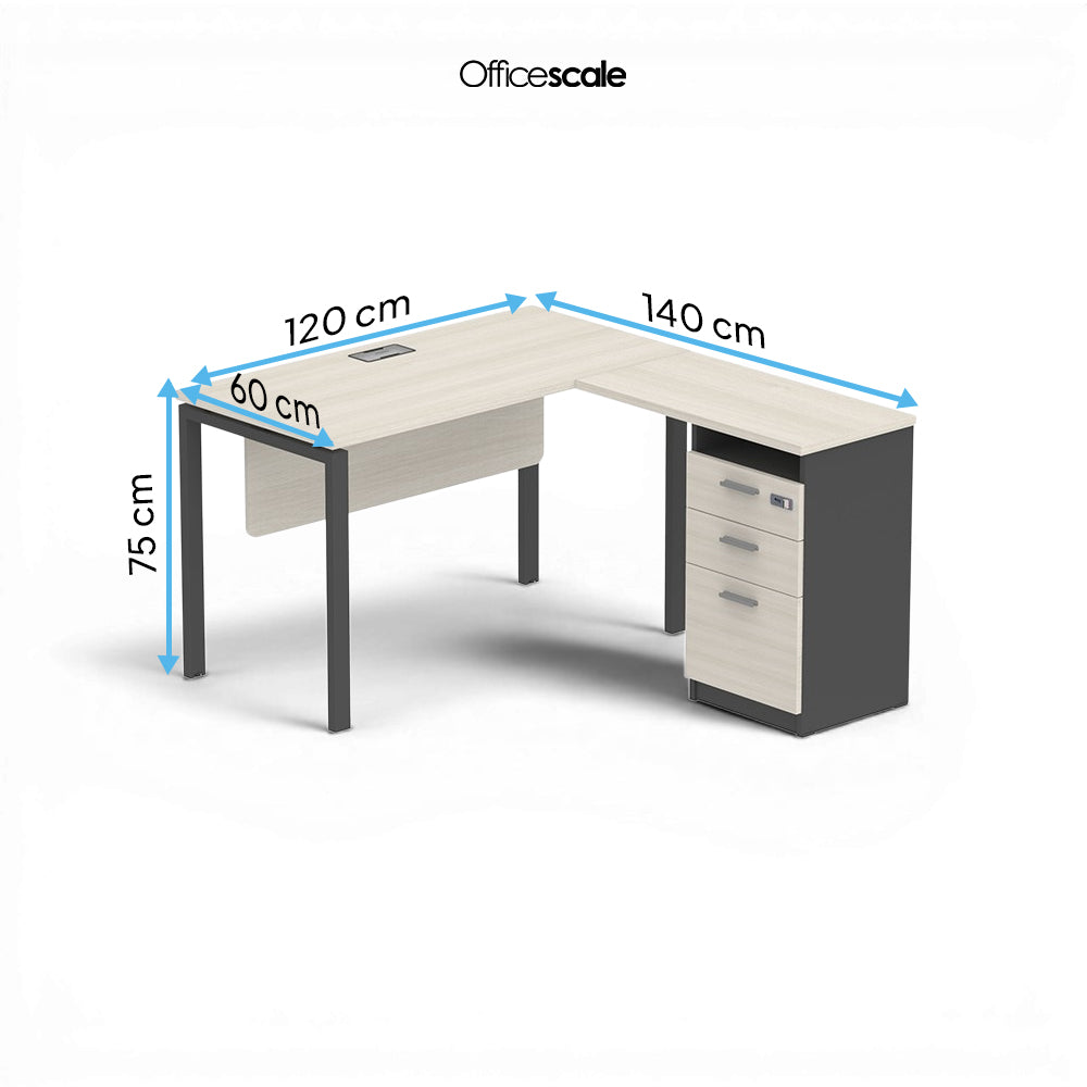 PLATA Meja Kerja Kantor L With Drawers 120x140cm Ash Grey