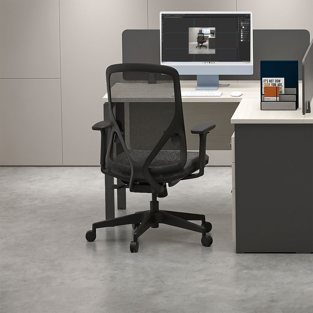 HERON Mid Back Black Office Chair Kursi Kantor Ergonomis