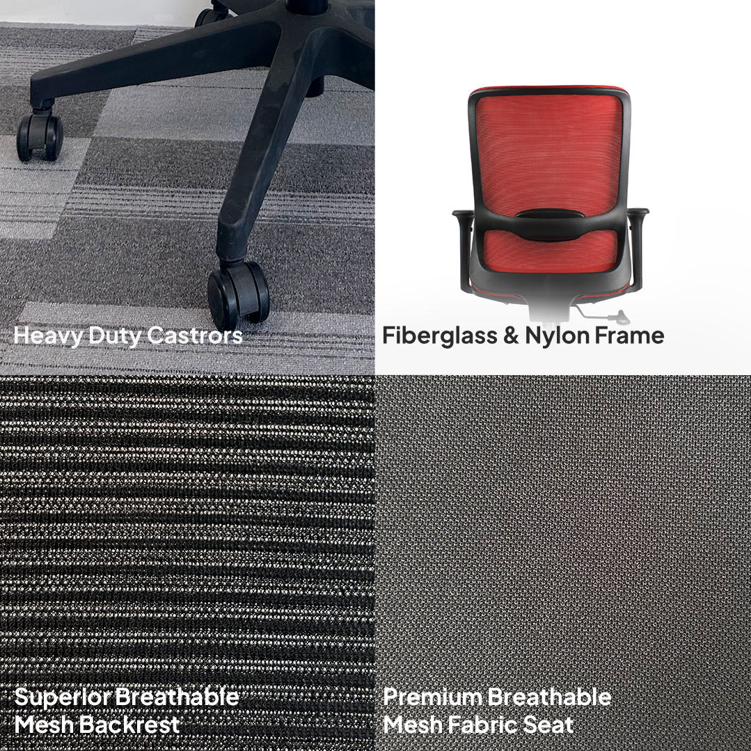 ORCA Mid Back Grey Red Office Chair Kursi Kantor Ergonomis