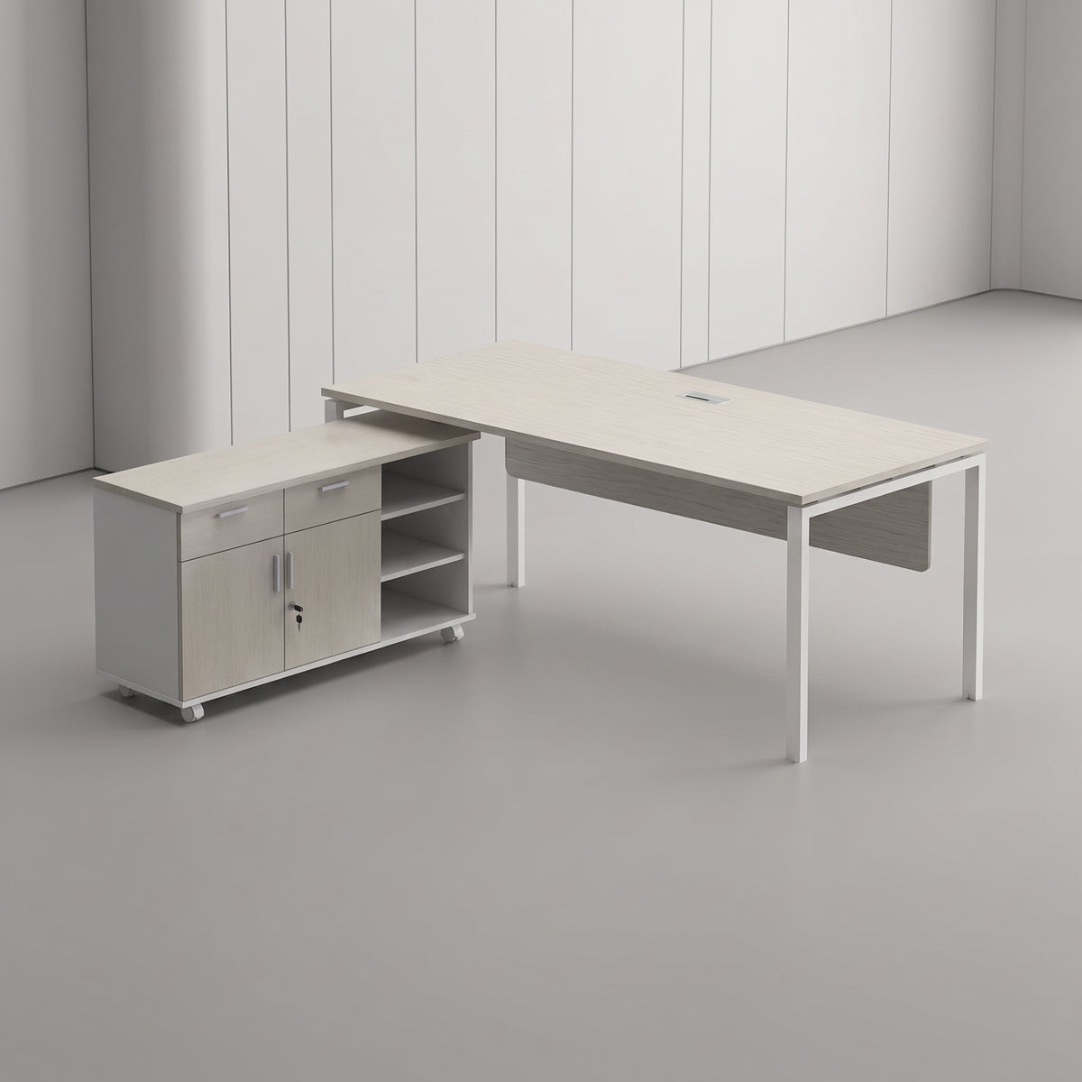[Bundle] PLATA Manager Desk Meja Kerja Kantor 180x80cm Return Sideboard Mobile Cabinet Kiri 120cm White Ash