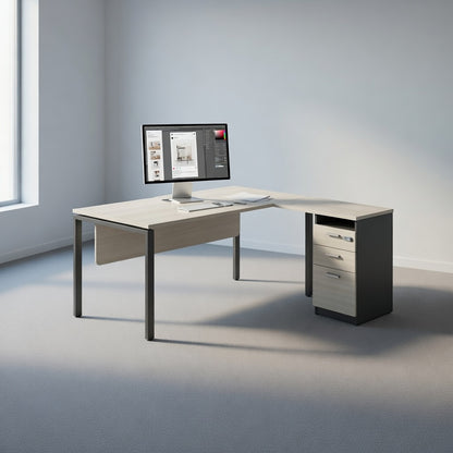 PLATA Meja Kerja Kantor L With Drawers 160x160cm Ash Grey