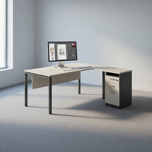 PLATA Meja Kerja Kantor L With Drawers 160x160cm Ash Grey