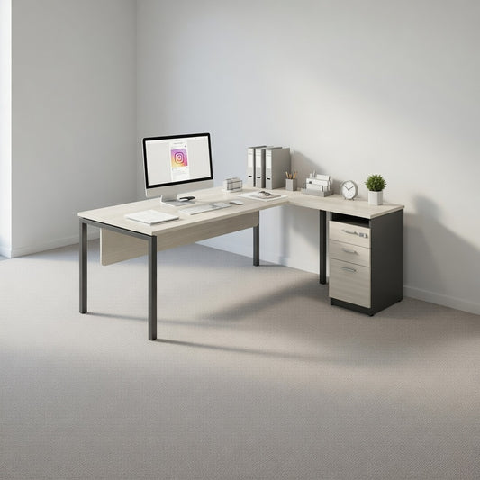 PLATA Meja Kerja Kantor L With Drawers 180x160cm Ash Grey