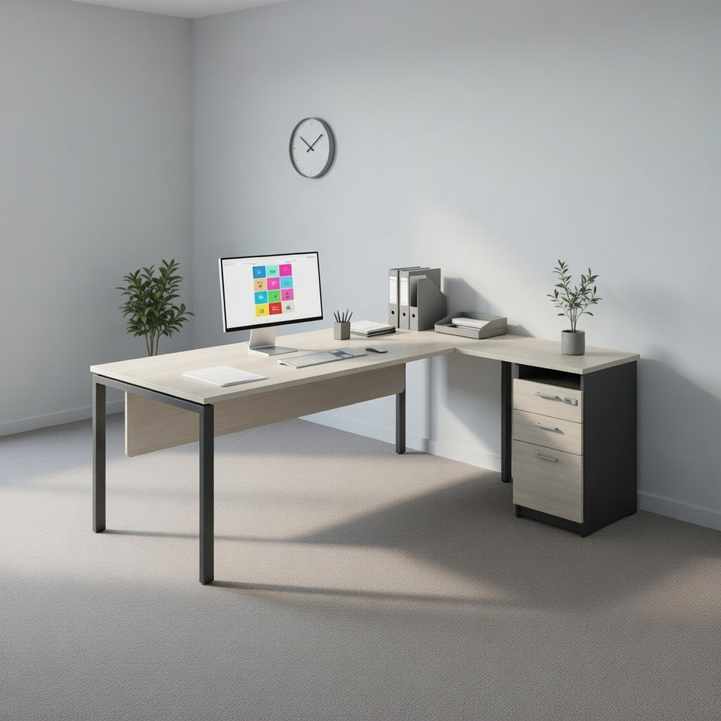 PLATA Meja Kerja Kantor L With Drawers 200x160cm Ash Grey
