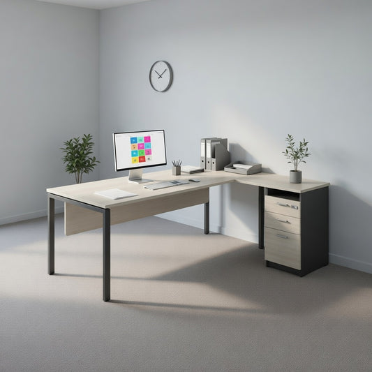 PLATA Meja Kerja Kantor L With Drawers 200x160cm Ash Grey