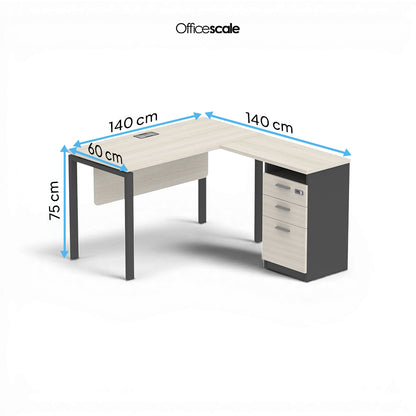 PLATA Meja Kerja Kantor L With Drawers 140x140cm Ash Grey