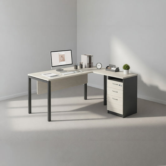 PLATA Meja Kerja Kantor L With Drawers 140x140cm Ash Grey